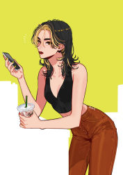 Rule 34 | 1girl, bare shoulders, black hair, black shirt, blonde hair, breasts, brown eyes, brown pants, buttons, cellphone, cleavage, cocktail, collarbone, commentary request, cropped shirt, cup, ear piercing, earrings, eyebrows, highres, holding, holding cup, holding phone, jewelry, lips, lipstick, looking at viewer, makeup, medium hair, midriff, multicolored hair, nail polish, okada (hoooojicha), original, pants, parted lips, phone, piercing, red lips, shirt, signature, simple background, sleeveless, smartphone, solo, standing, streaked hair, thick eyebrows, upper body, yellow background, yellow nails