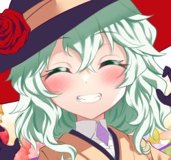 Rule 34 | 1girl, adapted costume, black gloves, blush, close-up, closed eyes, flower, gloves, grin, hair between eyes, hands up, hat, hat flower, komeiji koishi, nomayo, portrait, red flower, red rose, rose, simple background, smile, solo, tilted headwear, touhou, white background