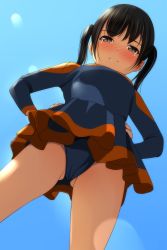 Rule 34 | 1girl, absurdres, black hair, blue leotard, blue sky, blush, breasts, brown eyes, cheerleader, closed mouth, day, from below, gluteal fold, hands on own hips, highres, leotard, looking at viewer, looking down, matsunaga kouyou, medium breasts, nose blush, original, outdoors, sky, smile, solo, twintails