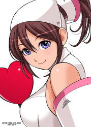 Rule 34 | 1girl, bare shoulders, blue eyes, brown hair, closed mouth, detached sleeves, from side, hat, heart, long sleeves, looking at viewer, looking to the side, ponytail, ryu (ryu&#039;s form site), short hair, simple background, smile, solo, upper body, white background
