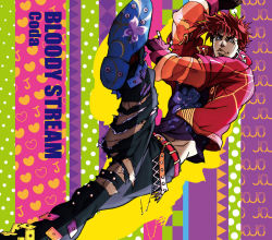 Rule 34 | 1boy, album cover, ass, belt, blue eyes, boots, bug, butterfly, buttons, colorful, contemporary, cover, fabulous, fingerless gloves, gloves, groin, heart, high kick, hip bones, insect, jacket, jojo no kimyou na bouken, joseph joestar, joseph joestar (young), kicking, male focus, no panties, official art, pants, peace symbol, red hair, red jacket, shimizu takako, solo, torn clothes, torn pants