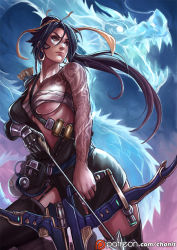 Rule 34 | 1girl, between breasts, black hair, black thighhighs, blue background, bow (weapon), breasts, cowboy shot, dragon, earrings, furrowed brow, genderswap, genderswap (mtf), gradient background, hair ribbon, hanzo (overwatch), holding, holding weapon, japanese clothes, jewelry, kachima, lips, long hair, looking afar, looking to the side, mechanical arms, medium breasts, nose, overwatch, overwatch 1, patreon, patreon username, ponytail, purple background, quiver, ribbon, sarashi, serious, single mechanical arm, solo, strap between breasts, tattoo, thighhighs, watermark, weapon, web address