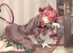 Rule 34 | 2girls, all fours, animal ear fluff, animal ears, arm up, ass, barefoot, black bow, blush, book, bow, braid, cat ears, cat tail, commentary, dress, floral print, frills, grey dress, grin, hair ribbon, hand up, indoors, juliet sleeves, kaenbyou rin, long hair, long sleeves, mahimaru, multiple girls, multiple tails, nekomata, on bed, open door, paw pose, plant, puffy sleeves, red eyes, red hair, ribbon, rug, slippers, smile, solo focus, tail, touhou, tress ribbon, twin braids, two tails, vase, window, wooden floor