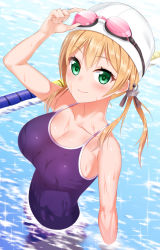Rule 34 | 10s, 1girl, adjusting eyewear, adjusting goggles, alternate breast size, anchor hair ornament, arm at side, blonde hair, breasts, collarbone, competition school swimsuit, glasses, goggles, green eyes, hair between eyes, hair ornament, kantai collection, lane line, large breasts, long hair, looking at viewer, one-piece swimsuit, partially submerged, pool, prinz eugen (kancolle), school swimsuit, smile, solo, swim cap, swimsuit, twintails, water, wet, wet clothes, wet swimsuit, yasuto (eria151)