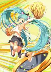 Rule 34 | 1girl, absurdres, aqua eyes, aqua hair, armpits, bun150, cheerleader, detached sleeves, from behind, hatsune miku, highres, jumping, long hair, looking back, midriff, necktie, open mouth, pom pom (cheerleading), skirt, smile, solo, star (symbol), sweat, twintails, very long hair, vocaloid