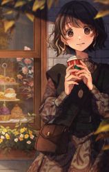 Rule 34 | 1girl, bag, black shirt, blush, brown dress, brown hair, building, coffee cup, cookie, cream puff, cup, disposable cup, dress, earrings, flower, food, handbag, hands up, highres, holding, holding cup, jewelry, licking lips, long sleeves, looking at viewer, original, pastry, shirt, short hair, short sleeves, solo, standing, tongue, tongue out, tsujin bohboh, wall, window