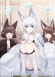 +_+ 3girls absurdres aircraft airplane akagi-chan_(azur_lane) amagi-chan_(azur_lane) animal_ears azur_lane bare_shoulders bell black_kimono blue_eyes blue_skirt breasts brown_hair cleavage excited eyeshadow flower fox_ears fox_girl fox_tail full_body grin hair_bell hair_between_eyes hair_flower hair_ornament hands_on_own_knees happy highres indoors japanese_clothes kaga_(azur_lane) kimono kitsune kneehighs legs legs_together long_hair makeup medium_breasts medium_hair miniskirt multiple_girls multiple_tails orange_eyes panties pleated_skirt purple_eyes red_eyes red_eyeshadow samip skirt slit_pupils small_breasts smile socks squatting tail thighs twintails underwear white_flower white_hair white_kimono white_panties