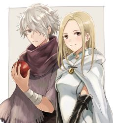Rule 34 | 1boy, 1girl, ankh, apple, blonde hair, blue eyes, cleric, dress, food, fruit, gloves, hair over one eye, jewelry, looking at viewer, octopath traveler, octopath traveler i, ophilia (octopath traveler), priestess, scarf, short hair, simple background, smile, therion (octopath traveler), white hair, wspread