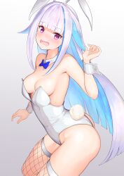 Rule 34 | 1girl, absurdres, animal ears, arched back, ass, bare shoulders, blue bow, blue bowtie, blue hair, blunt bangs, blush, bow, bowtie, breasts, colored inner hair, commentary request, detached collar, embarrassed, fake animal ears, fake tail, fishnet thighhighs, fishnets, from side, hair flaps, highleg, highleg leotard, highres, kurenai rock, leotard, light blue hair, lize helesta, long hair, looking at viewer, medium breasts, multicolored hair, nijisanji, nose blush, open mouth, playboy bunny, purple eyes, rabbit ears, rabbit tail, sidelocks, simple background, skindentation, solo, strapless, strapless leotard, tail, thighhighs, undersized clothes, virtual youtuber, white background, white hair, white leotard, wrist cuffs