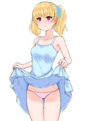 Rule 34 | bare arms, blonde hair, blue dress, blue ribbon, blush, breasts, closed mouth, clothes lift, dress, dress lift, earrings, hair ribbon, highres, jewelry, medium breasts, nose blush, panties, pink eyes, pink stripes, ribbon, simple background, spaghetti strap, standing, striped clothes, striped panties, twintails, underwear, varitora, white background, white stripes