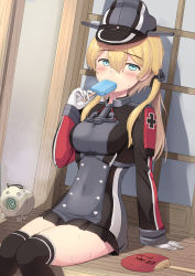 Rule 34 | 1girl, anchor, anchor hair ornament, aqua eyes, black skirt, black thighhighs, blonde hair, breasts, cross, food, food in mouth, gloves, grey hat, hair between eyes, hair ornament, hand fan, hat, highres, holding, holding food, iron cross, kantai collection, large breasts, long hair, long sleeves, low twintails, microskirt, military, military hat, military uniform, paper fan, peaked cap, pleated skirt, popsicle, prinz eugen (kancolle), sitting, skirt, solo, sweat, thighhighs, tsukimoto reiji, twintails, uchiwa, uniform, white gloves