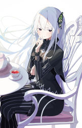 Rule 34 | 1girl, absurdres, black capelet, black dress, black eyes, blush, bug, butterfly, butterfly hair ornament, capelet, chair, closed mouth, colored eyelashes, cup, dress, echidna (re:zero), floating hair, green butterfly, hair between eyes, hair ornament, hand to own mouth, highres, insect, layered dress, long dress, long hair, long sleeves, looking at viewer, munseonghwa, re:zero kara hajimeru isekai seikatsu, saucer, sidelocks, sitting, solo, striped clothes, striped dress, table, tea, teacup, teapot, vertical-striped clothes, vertical-striped dress, very long hair, white background, white hair