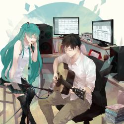 Rule 34 | 1boy, 1girl, acoustic guitar, ayakii, black hair, chair, closed eyes, green hair, guitar, hatsune miku, highres, instrument, long hair, microphone, microphone stand, monitor, music, necktie, open mouth, singing, sitting, skirt, speaker, stool, thighhighs, twintails, very long hair, vocaloid