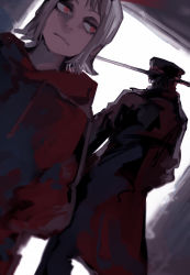 Rule 34 | 1boy, 1girl, back-to-back, black coat, black hair, chainsaw man, coat, grey hair, hands in pockets, hat, highres, hood, hoodie, katana, katana man (chainsaw man), limited palette, long coat, looking at another, military hat, nakano (2 mannaka), open mouth, red eyes, sawatari akane (chainsaw man), short hair, sideways glance, sword, trench coat, weapon