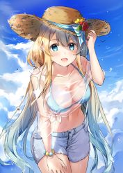 Rule 34 | 1girl, :d, arm up, barefoot, bikini, bikini top only, bird, blonde hair, blue bikini, blue eyes, blue hair, blue ribbon, blue shorts, blue sky, blush, bracelet, breasts, brown hat, cherim, cleavage, clothing cutout, cloud, collar, collarbone, commission, day, flower, gradient hair, halterneck, hand on headwear, hand on own thigh, hat, hat flower, hat ribbon, highres, jewelry, large breasts, leaning forward, long hair, looking at viewer, low twintails, multicolored hair, off shoulder, open mouth, original, outdoors, red flower, ribbon, see-through, shirt, short sleeves, shorts, shoulder cutout, sky, smile, solo, sparkle, standing, straw hat, swimsuit, tareme, tied shirt, twintails, very long hair, water drop, yellow flower