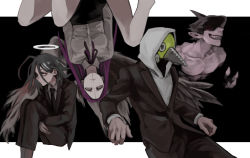 Rule 34 | 1girl, 3boys, angel devil (chainsaw man), beak, beam (chainsaw man), black background, black dress, black hair, black necktie, black pants, breasts, chainsaw man, dress, extra legs, formal, grey hoodie, hair between eyes, halo, highres, hood, hoodie, letterboxed, long hair, looking at viewer, looking to the side, multiple boys, nakano (2 mannaka), necktie, no eyes, pants, plague doctor mask, princi (chainsaw man), purple background, purple hair, ribbon, sad, shark, sharp teeth, shirt, simple background, small breasts, suit, teeth, topless male, two-tone background, upside-down, violence fiend (chainsaw man), white background, white shirt