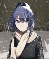 Rule 34 | 1girl, absurdres, black coat, blue eyes, blue hair, coat, highres, hololive, hololive english, husbant (meme), looking at viewer, meme, night, o22no, ouro kronii, outdoors, scarf, short hair, slit pupils, snow, snow on body, snow on head, snowing, solo, virtual youtuber, white scarf, winter