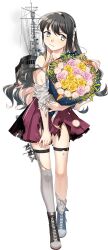 Rule 34 | 1girl, asymmetrical legwear, black hair, boots, bouquet, burnt clothes, collared shirt, colored inner hair, cross-laced footwear, damaged, dress, flower, fujikawa, full body, grey pantyhose, hairband, kantai collection, lace-up boots, long hair, looking at viewer, machinery, multicolored hair, naganami (kancolle), naganami kai ni (kancolle), official art, pantyhose, pink hair, pleated dress, purple dress, school uniform, shirt, smile, smoke, solo, third-party source, torn clothes, transparent background, two-tone hair, white hairband, white shirt, yellow eyes