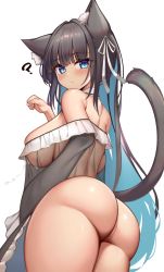 Rule 34 | 1girl, ?, animal ears, ass, bare shoulders, black hair, blue eyes, blush, breasts, cat ears, cat girl, cat tail, curvy, from behind, hair ribbon, highres, huge ass, kaptivate, lactation, lactation through clothes, large breasts, long hair, looking at viewer, looking back, no panties, original, ribbon, see-through, see-through shirt, sideboob, slit pupils, solo, tail, thick thighs, thighs, white background