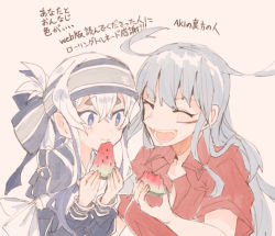 Rule 34 | 2girls, ainu clothes, bad id, bad tumblr id, blue eyes, blush, breasts, closed mouth, eating, closed eyes, facial scar, food, fruit, gangut (kancolle), grey hair, hair between eyes, hair ornament, hairclip, itomugi-kun, kamoi (kancolle), kantai collection, large breasts, long hair, looking at another, multiple girls, open mouth, pink background, red shirt, scar, scar on cheek, scar on face, shirt, simple background, small breasts, watermelon