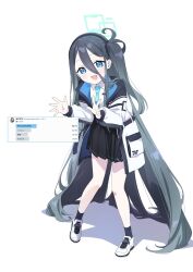 Rule 34 | 1girl, absurdly long hair, aris (blue archive), blue archive, blue eyes, blush, full body, grey hair, hair between eyes, halo, highres, jacket, long hair, looking at viewer, necktie, one side up, open clothes, open jacket, open mouth, osakana (osakanagazoubot), skirt, smile, solo, very long hair