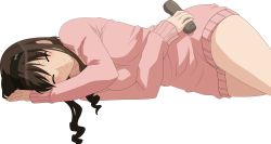 Rule 34 | 1girl, absurdres, amagami, blush, bottomless, brown hair, curly hair, closed eyes, female focus, hairband, highres, lying, morishima haruka, naked sweater, no pants, on side, phone, smile, solo, sweater, transparent background, vector trace