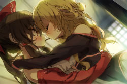 Rule 34 | 2girls, backlighting, bare shoulders, blonde hair, blurry, blurry background, blush, bow, braid, brown hair, commentary request, detached sleeves, closed eyes, food, hair bow, hair tubes, hakurei reimu, hand on another&#039;s head, highres, hug, indoors, kirisame marisa, long hair, multiple girls, off shoulder, piyokichi, pocky, pocky day, pocky kiss, red bow, red eyes, ribbon-trimmed sleeves, ribbon trim, shared food, single braid, touhou, upper body, yuri