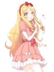 Rule 34 | 1girl, blonde hair, blush, bow, brown eyes, commentary request, dress, dress bow, drill hair, eromanga sensei, hair bow, heart, highres, index finger raised, long hair, looking at viewer, minoshi, open mouth, pink dress, red bow, simple background, solo, thighhighs, twin drills, white background, white bow, white thighhighs, yamada elf, zettai ryouiki