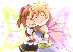 Rule 34 | 2girls, absurdres, artist name, artist request, black skirt, blush, bnags, bow, bracelet, breasts, brown hair, butterfly (love live!), butterfly wings, choker, cleavage, closed eyes, clothing cutout, collarbone, collared shirt, cropped shirt, crown, detached sleeves, double bun, dress, dress shirt, earrings, female focus, gold bracelet, hair between eyes, hair bow, hair bun, hair rings, harem outfit, highres, hug, insect wings, jewelry, konoe haruka, konoe kanata, long hair, looking at viewer, love live!, love live! nijigasaki high school idol club, love live! school idol festival, miniskirt, multiple girls, navel, orange hair, parted lips, plaid, plaid skirt, pleated, pleated skirt, puffy short sleeves, puffy sleeves, purple shirt, purple shorts, red bow, red vest, shirt, short sleeves, shorts, shoulder cutout, siblings, sisters, skirt, smile, sparkle, twintails, two side up, vest, white background, white shirt, wings, yellow bracelet, yellow choker