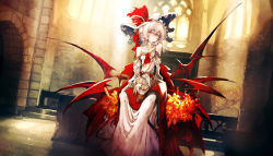 Rule 34 | 1girl, altar, alternate costume, alternate headwear, arch, architecture, ascot, bandeau, bare shoulders, blanket, blurry, brick wall, bridal gauntlets, church interior, collarbone, colored skin, commentary request, day, demon wings, depth of field, detached sleeves, dress, dutch angle, expressionless, fingernails, flower, gothic architecture, hand on own wrist, hat, hat ribbon, head tilt, highres, indoors, jewelry, light particles, light rays, looking at viewer, midriff, multiple wings, navel, railing, red eyes, remilia scarlet, ribbon, ring, sitting, slit pupils, solo, sunbeam, sunlight, touhou, white dress, white hair, white skin, window, wings, yoshioka yoshiko