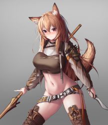 Rule 34 | 1girl, absurdres, animal ear fluff, animal ears, arknights, bare shoulders, belt, belt skirt, blush, boots, breasts, brown eyes, brown footwear, brown hair, brown shirt, ceobe (arknights), chun bae, commentary, cowboy shot, crop top, dog ears, dog tail, english commentary, grey background, hair between eyes, highres, holding, holding knife, holding staff, knife, korean commentary, large breasts, long hair, long sleeves, looking at viewer, mixed-language commentary, navel, no pants, shirt, simple background, solo, staff, standing, stomach, tail, thigh boots, thighhighs, thighs
