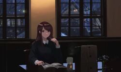 Rule 34 | 1girl, absurdres, aikatsu!, aikatsu! (series), black sweater, blurry, blurry background, book, brown hair, building, chair, collared shirt, cup, dress shirt, earrings, highres, indoors, jewelry, lamp, long hair, long sleeves, looking at viewer, mug, open book, orval, purple eyes, reflective surface, shibuki ran, shirt, sidelocks, sitting, snow, solo, sweater, white shirt, window