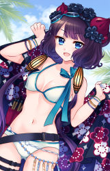 Rule 34 | 1girl, :d, bead bracelet, beads, belt, bikini, blue eyes, blue sky, bracelet, breasts, cloud, commentary request, day, fate/grand order, fate (series), goggles, goggles on head, hair ornament, highres, jewelry, katsushika hokusai (fate), katsushika hokusai (swimsuit saber) (fate), long hair, looking at viewer, medium breasts, n-mix, open mouth, outdoors, purple hair, sky, smile, solo, swimsuit, white bikini