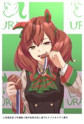 Rule 34 | 1girl, absurdres, animal ears, biting, bow, bowtie, brown eyes, brown hair, coin, ear covers, ears down, esubui, green bow, green bowtie, highres, holding, holding coin, horse ears, horse girl, long sleeves, medal, medium hair, multicolored bowtie, multicolored hair, nice nature (umamusume), red bow, red bowtie, shirt, solo, streaked hair, translation request, twintails, two-tone hair, umamusume, upper body