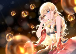 Rule 34 | 1girl, absurdres, bare shoulders, blonde hair, blue eyes, blurry, blush, bokeh, bow, breasts, candle, depth of field, elf, floating, hair behind ear, hair bow, hair ornament, happy, highres, long hair, looking at viewer, medium breasts, pointy ears, princess connect!, saren (christmas) (princess connect!), saren (princess connect!), smile, solo, split mouth, upper body, xin (zinc)