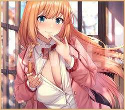 Rule 34 | 1girl, blonde hair, blue eyes, bow, bra, braid, breasts, cleavage, commentary request, curvy, hair over shoulder, kannko bokujou, large breasts, long hair, open clothes, open shirt, pecorine (princess connect!), pink blazer, princess connect!, red bow, sample watermark, shirt, single braid, smile, underwear, watermark, white bra, white shirt, window