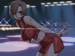 Rule 34 | 1girl, breasts, brown hair, female focus, indoors, ino (magloid), large breasts, making-of available, meiko (vocaloid), microphone, short hair, solo, stage, vocaloid