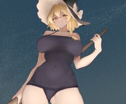 Rule 34 | 1girl, absurdres, black hat, black one-piece swimsuit, blonde hair, bow, braid, breasts, broom, closed mouth, commentary request, covered navel, cowboy shot, hat, hat bow, highres, kirisame marisa, large breasts, looking at viewer, moriforest1040, one-piece swimsuit, side braid, single braid, sky, solo, star (sky), starry sky, swimsuit, touhou, white bow, yellow eyes
