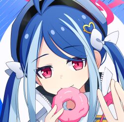 1girl absurdres antenna_hair blue_archive blue_hair bow commentary_request doughnut eating food fubuki_(blue_archive) hair_between_eyes hair_bow hair_ornament hair_ribbon halo heart heart_hair_ornament highres holding holding_food long_hair long_sleeves looking_at_viewer multicolored_hair necktie paralier police police_uniform policewoman red_eyes ribbon sidelocks solo streaked_hair twintails two-tone_hair waving white_background