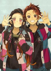 Rule 34 | 1boy, 1girl, bad id, bad twitter id, bamboo, bit gag, black hair, black shirt, blush, bright pupils, brother and sister, brown hair, character name, closed mouth, commentary, contemporary, earrings, gag, gag around neck, gradient hair, grin, hair ribbon, highres, hood, hoodie, jacket, jewelry, kamado nezuko, kamado tanjirou, kimetsu no yaiba, light frown, long hair, looking at viewer, multicolored clothes, multicolored hair, multicolored jacket, nanaminn, open clothes, open jacket, pink eyes, pink ribbon, red hair, ribbon, scar, scar on face, shirt, siblings, side-by-side, smile, standing, two-tone hair, unworn gag, waving, white pupils