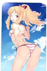 Rule 34 | 10s, 1girl, ;d, abusoru, ass, bare arms, bare shoulders, bikini, blonde hair, blue sky, blush, cloud, commentary request, cowboy shot, day, drill hair, eromanga sensei, foreshortening, from behind, hair ribbon, highres, leaning forward, light rays, long hair, one eye closed, open mouth, outstretched hand, parted bangs, pointy ears, ponytail, red eyes, red ribbon, ribbon, round teeth, side-tie bikini bottom, sky, smile, solo, standing, strap gap, striped bikini, striped clothes, sunbeam, sunlight, swimsuit, tareme, teeth, thighs, twin drills, yamada elf