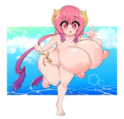 Rule 34 | 1girl, bare legs, barefoot, bikini, blue background, bouncing breasts, breasts, collarbone, ein457, feet, full body, gradient hair, highres, horns, huge breasts, ilulu (maidragon), kobayashi-san chi no maidragon, legs, long hair, looking at viewer, monster girl, multicolored hair, nipples, pink hair, pointy ears, purple hair, red eyes, side-tie bikini bottom, slit pupils, solo, standing, standing on one leg, swimsuit, toes, topless, twintails, two-tone hair, water, white background