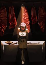 Rule 34 | 1girl, black hair, butcher, buttons, coat, food, full body, grin, highres, implied cannibalism, light, limbus company, long sleeves, looking at viewer, meat, meat pie, msx (mis4xi), pants, project moon, red eyes, ryoshu (project moon), shoes, short hair, smile, solo, standing, table, white coat, white pants
