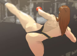 Rule 34 | abstract background, ass, back, back cutout, boots, breasts, brown hair, clothing cutout, curvy, elbow pads, fighting, fighting stance, from behind, gluteal fold, high kick, highleg, highleg leotard, highres, hip focus, kicking, knee pads, large breasts, leotard, liu mei-xing, long hair, motion blur, muscular, muscular female, nappii (nappy happy), original, shiny skin, sideboob, solo, sweat, tattoo, thick thighs, thighs, thong leotard, wrestling outfit, wristband