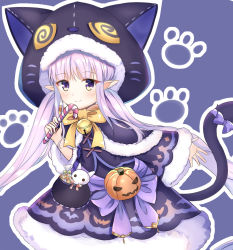 Rule 34 | 1girl, animal ears, animal hood, bell, black capelet, black jacket, black skirt, blush, bow, candy, candy cane, capelet, cat ears, cat girl, cat hood, cat tail, closed mouth, commentary request, fake animal ears, food, fur-trimmed hood, fur-trimmed skirt, fur-trimmed sleeves, fur trim, highres, holding, holding food, hood, hooded capelet, jack-o&#039;-lantern, jacket, jingle bell, kyoka (halloween) (princess connect!), kyoka (princess connect!), long hair, long sleeves, low twintails, outline, paw print, paw print background, pointy ears, princess connect!, purple bow, purple eyes, purple hair, rinringyo, skirt, sleeves past wrists, smile, solo, split mouth, tail, tail bow, tail ornament, tail raised, twintails, very long hair, white outline, wide sleeves, yellow bow