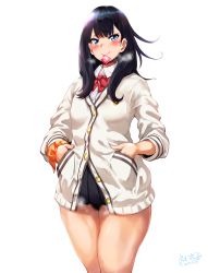 Rule 34 | 1girl, absurdres, bad id, bad pixiv id, black hair, black skirt, blue eyes, blush, bow, bowtie, breasts, buttons, closed mouth, collared shirt, condom, condom in mouth, condom wrapper, excessive pubic hair, female pubic hair, gridman universe, hands in pockets, hero neisan, highres, long hair, long sleeves, looking at viewer, medium breasts, miniskirt, mouth hold, no panties, orange scrunchie, pleated skirt, pubic hair, red bow, red bowtie, school uniform, scrunchie, shirt, simple background, skirt, smile, solo, ssss.gridman, steam, straight hair, sweat, sweater, takarada rikka, thighs, white background, white shirt, white sweater, wrist scrunchie