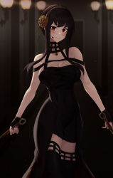 Rule 34 | 1girl, angdo (kakajo26), bare shoulders, black dress, black hair, black thighhighs, blood, blood on clothes, blood on face, blush, breasts, covered navel, dress, dual wielding, flower, gold hairband, grin, hair flower, hair ornament, hairband, hallway, highres, holding, large breasts, nail polish, red eyes, red nails, rose, smile, solo, spikes, spy x family, standing, thighhighs, yor briar, zettai ryouiki