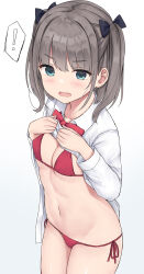 Rule 34 | !, 1girl, bikini, blue eyes, blush, bow, bowtie, breasts, brown hair, collared shirt, dress shirt, highres, long sleeves, looking at viewer, mizunashi kenichi, navel, open clothes, open mouth, open shirt, original, red bikini, shirt, short hair, simple background, small breasts, solo, swimsuit, thighs, two side up, white background, white shirt