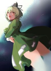 Rule 34 | 1girl, absurdres, black hat, blurry, commentary request, cross-laced clothes, crossed arms, depth of field, dress, ghost tail, green dress, green eyes, green hair, hat, highres, juliet sleeves, long sleeves, looking at viewer, looking back, open mouth, puffy sleeves, short hair, soga no tojiko, solo, takana (forsterite), tate eboshi, touhou