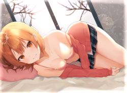 Rule 34 | 1girl, :d, absurdres, areola slip, bed sheet, black skirt, blush, bra, breasts, brown hair, cardigan, cleavage, collarbone, commentary request, day, eyelashes, grin, hair between eyes, highres, huge filesize, indoors, isshiki iroha, lens flare, long sleeves, looking at viewer, lying, medium breasts, miniskirt, nipple slip, nipples, on bed, on side, open cardigan, open clothes, open mouth, orange cardigan, pillow, pink bra, plaid, plaid skirt, pleated skirt, shiina aoi, short hair, skirt, smile, solo, strap slip, underwear, yahari ore no seishun lovecome wa machigatteiru.